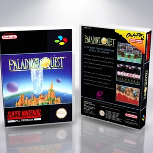 Pode incluir: Caixa do jogo Super Nintendo para Paladin's Quest. A arte da caixa apresenta uma paisagem de fantasia com uma cidade, uma torre de cristal e planetas contra um céu roxo e azul. Versão PAL.