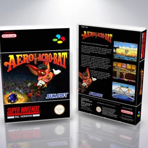 Pode incluir: Caixa do jogo Super Nintendo Aero the Acro-Bat. A caixa apresenta um personagem de morcego vermelho com um chapéu preto. O título do jogo está em letras laranja e vermelha. A parte de trás da caixa mostra capturas de tela do jogo.