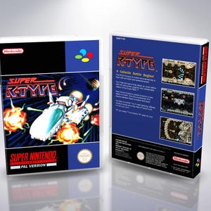 May include: A Super Nintendo game case for "Super R-Type." The front features a spaceship with explosions, the game title, and the Nintendo logo. The back shows gameplay screenshots and text. The case is blue, red, and white.