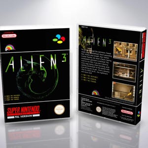 May include: A Super Nintendo game case for Alien 3. The black case features the game title in green and a stylized alien head. The back of the case has screenshots and text. The game is a PAL version.