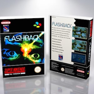 Pode incluir: Duas caixas de jogos Super Nintendo para "Flashback" são exibidas. A frente da caixa apresenta um close-up de olhos com um fundo ardente e colorido. A parte de trás da caixa tem capturas de tela do jogo e texto. É uma versão PAL.