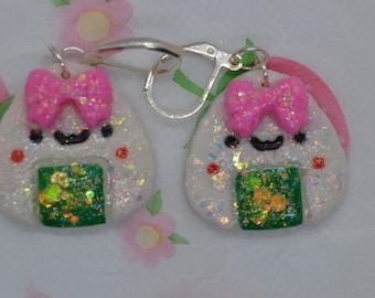 Kawaii Onigiri Earrings - Sparkle Rice Ball with Bow