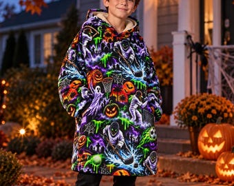 May include: An oversized hooded sweatshirt featuring a vibrant Halloween-themed print with neon green, purple, and orange graphics of jack-o'-lanterns, ghosts, skeletons, and sports equipment against a dark background, with a cream-colored interior lining.
