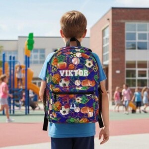 May include: A blue backpack with a sports ball pattern, including footballs, soccer balls, and basketballs. The name "VIKTOR" is printed in white on the front. The backpack is worn by a child in front of a school.
