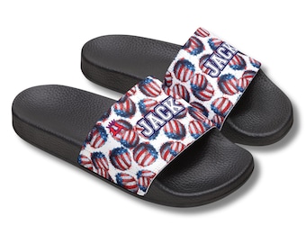 Personalized Baseball Slides, Custom Name American Flag Design, Patriotic Sports Sandals