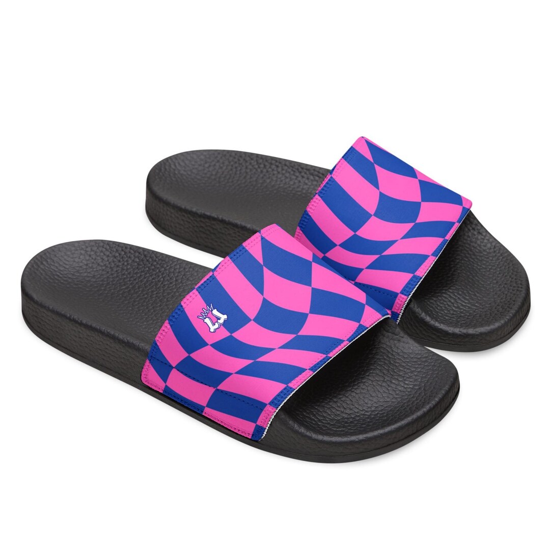 Checkered Wave Slide Sandals, Women's Removable Strap Pink and Blue ...
