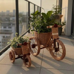 May include: Two decorative wicker tricycle planters, one large and one small, each with a woven basket for plants. The tricycles are brown and have three wheels. The background shows a cityscape and a balcony.