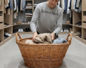 Cesta grande de mimbre para la ropa con asas, cesta ovalada de almacenamiento tejida, cesto de ratán natural, organizador de juguetes, decoración del hogar de mimbre hecha a mano