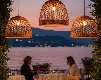 Pantalla de lámpara colgante de ratán: pantalla de mimbre tejido en 2 tamaños (40 cm/50 cm), lámpara de techo bohemia para salón, dormitorio y comedor.