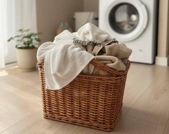 Cesta de mimbre con asas: organizador grande de ratán natural para mantas, juguetes, ropa sucia o revistas, decoración bohemia.