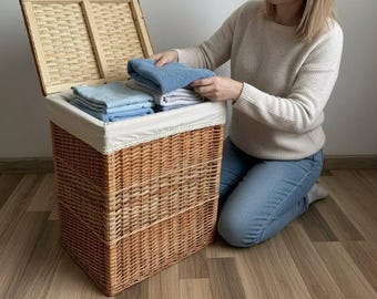 Cesto de ropa de ratán hecho a mano con tapa – Cesta grande de mimbre con forro, organizador de baño rústico bohemio, contenedor de almacenamiento ecológico para el hogar