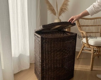 Cesto de mimbre para la ropa sucia con tapa – Cesta grande de ratán para guardar ropa, mantas y toallas – Organizador bohemio para baño y dormitorio