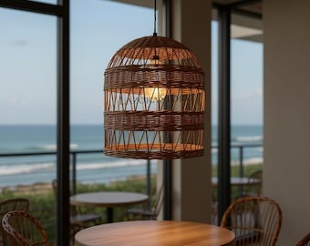 Rattan Pendant Lampshade – Wicker Ceiling Light Cover, Boho Handwoven Cone Shade for Indoor & Outdoor Use