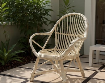 Sillón de ratán: sillón bohemio de mimbre para sala de estar, muebles rústicos de ratán, acogedor sillón para rincón de lectura.