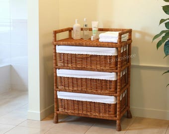 Cómoda de ratán con 3 cajones: baúl de mimbre, armario rústico, organizador de dormitorio bohemio, mueble de madera natural para habitación infantil, decoración ecológica para el hogar.