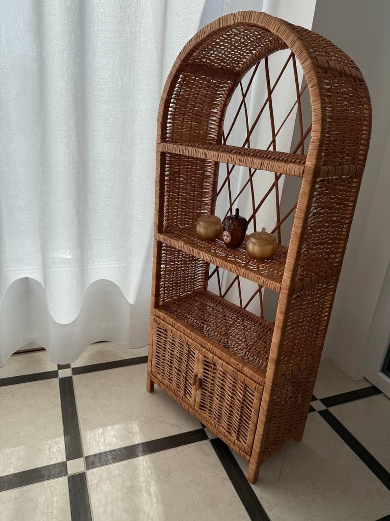 Upcycle Rattan Bookcase Handmade Rattan Bookshelf With Cabinet – Wicker Storage Organizer, Boho ...