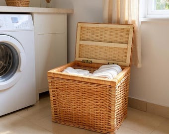 Cesta de ratán tejido con tapa: cesta de almacenamiento de mimbre hecha a mano, cesta ecológica para la ropa, organizador de juguetes, decoración rústica para el hogar.