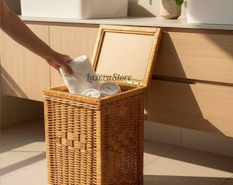 Cesto de lavandería de mimbre hecho a mano con tapa – Cesta de almacenamiento ecológica rústica