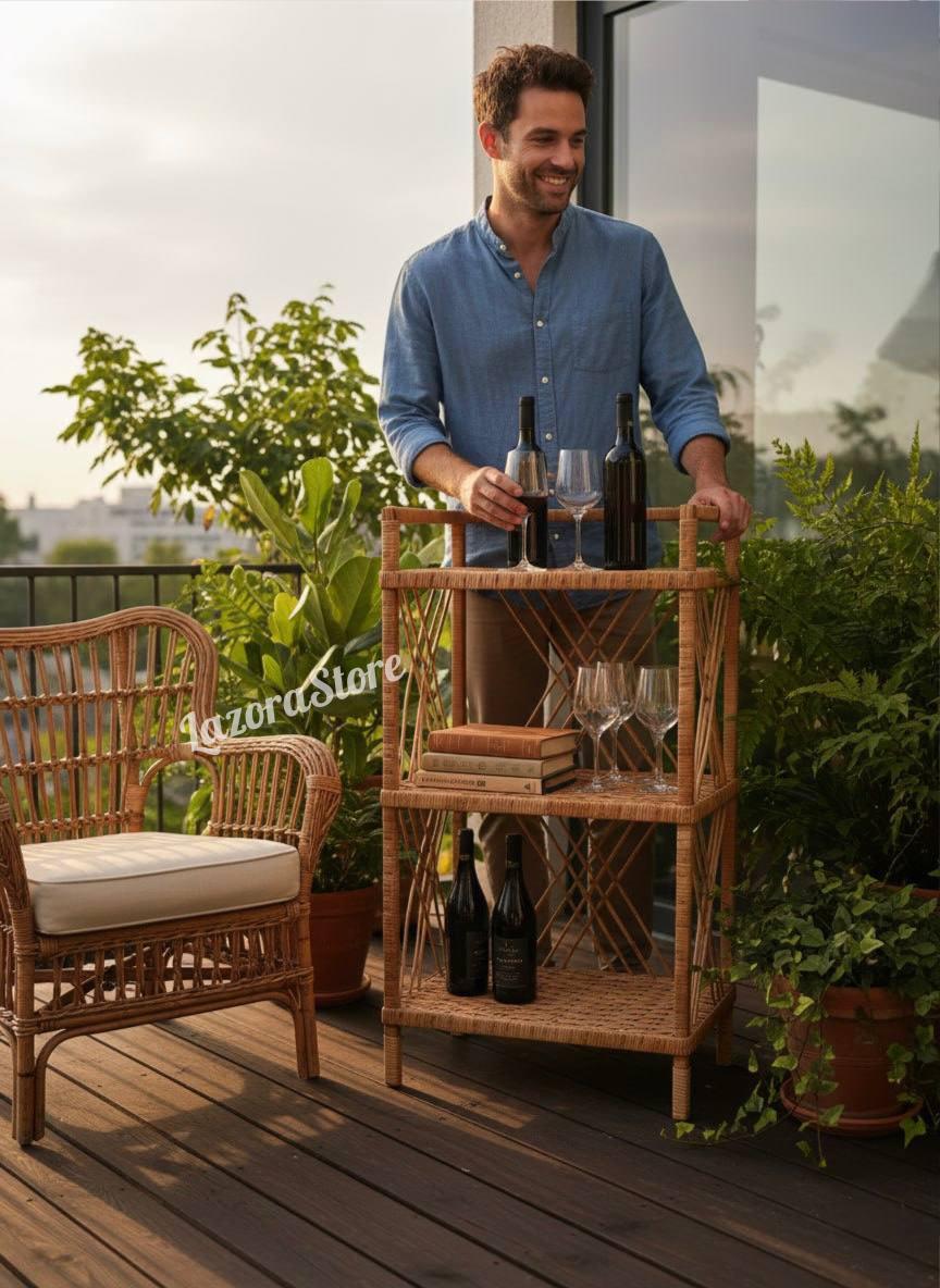 ラタンシェルフ 4段 - 籐製本棚、素朴な収納ラック＆プラントスタンド