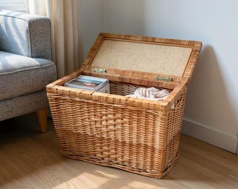 Baúl de ratán con tapa: cesta de mimbre tejida, organizador ecológico para ropa, juguetes y toallas, decoración rústica para el hogar.