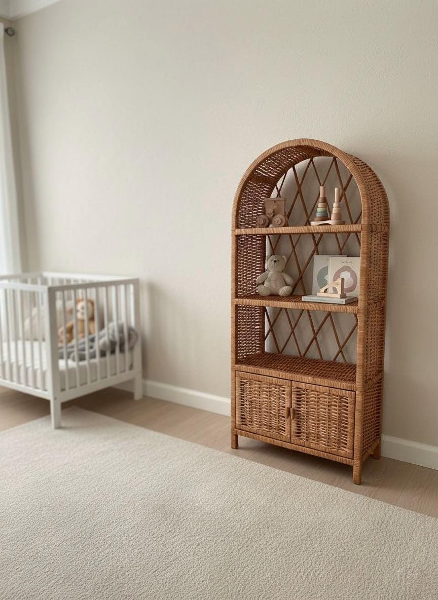 Upcycle Rattan Bookcase Arched Rattan Bookcase With Cabinet – Wicker Storage Shelf, Natural ...