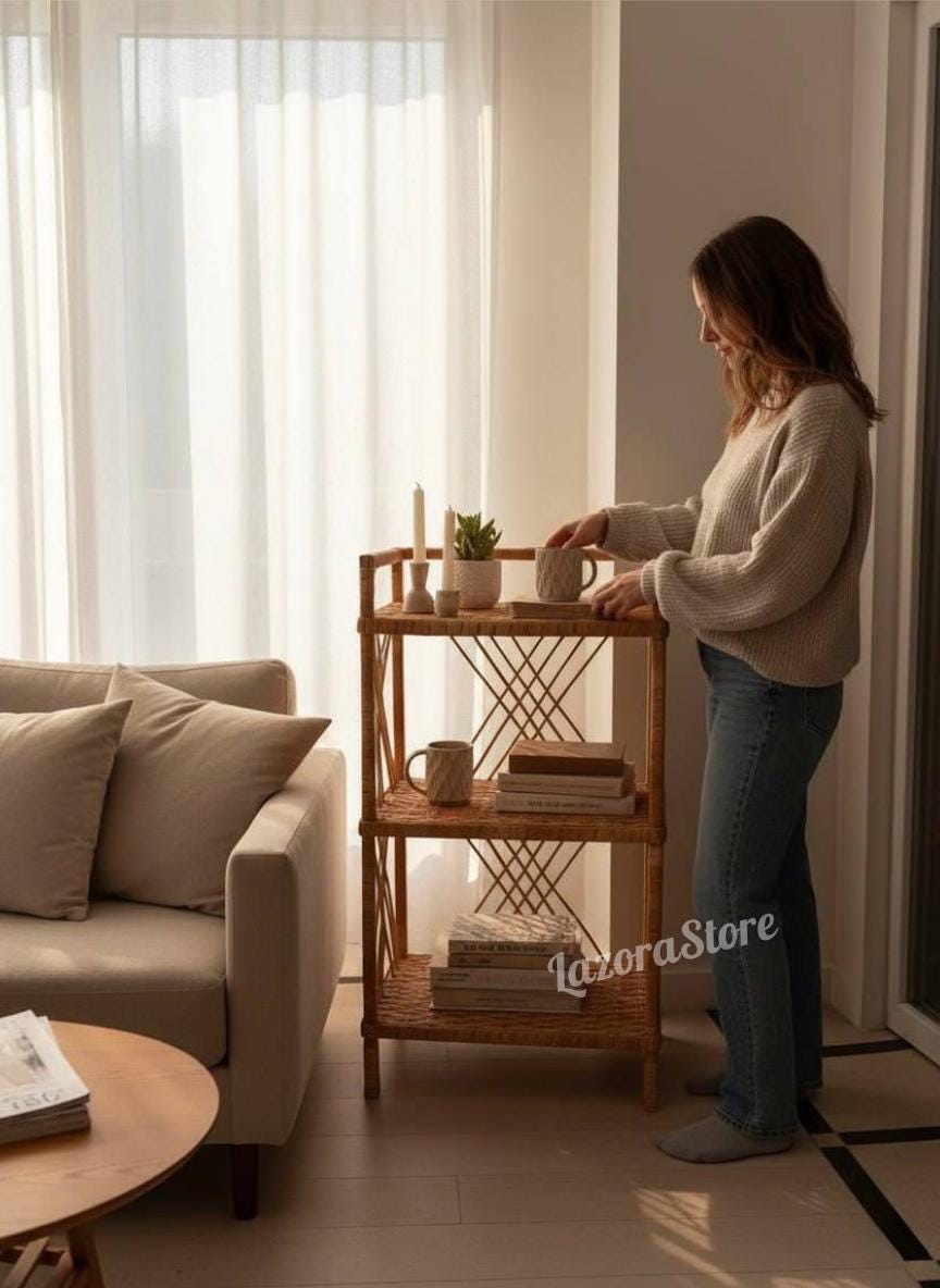 ラタンシェルフ 4段 - 籐製本棚、素朴な収納ラック＆プラントスタンド