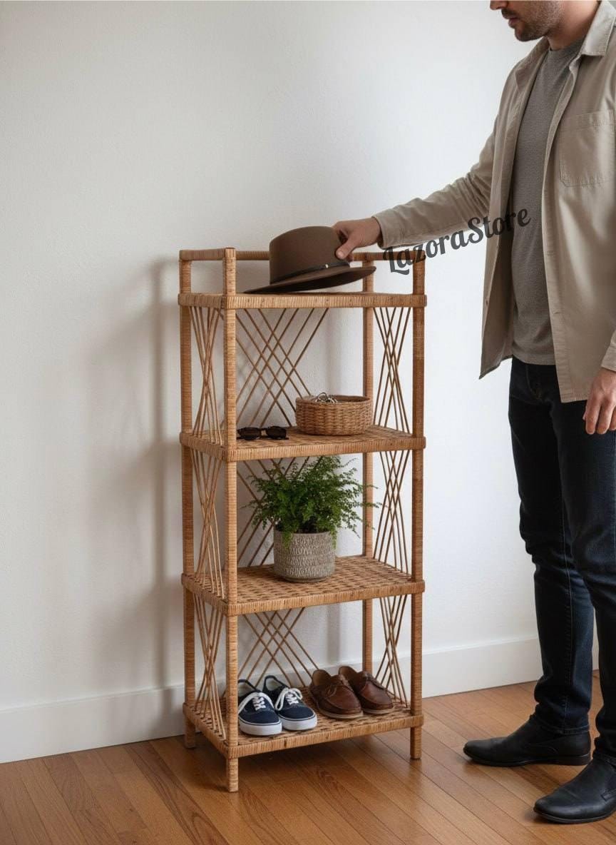ラタンシェルフ 4段 - 籐製本棚、素朴な収納ラック＆プラント