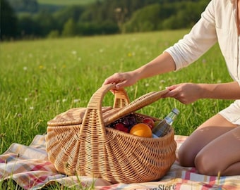 Cesta de picnic de mimbre hecha a mano con tapa: cesta rústica tejida