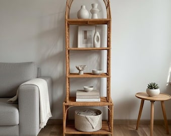 Estantería de mimbre de 4 niveles: librería bohemia, organizador rústico de bambú, mueble alto natural, decoración para sala de estar.