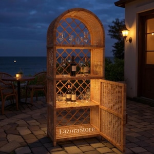 Handmade Rattan Bookcase with Door – Arched Wicker Cabinet, Boho Rustic Storage Shelf for Living Room or Bedroom