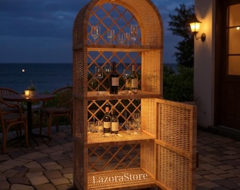Librería de ratán hecha a mano con puerta – Armario de mimbre arqueado, estantería rústica bohemia para salón o dormitorio
