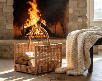 Cesta de leña de mimbre hecha a mano: soporte rústico para leña de granja