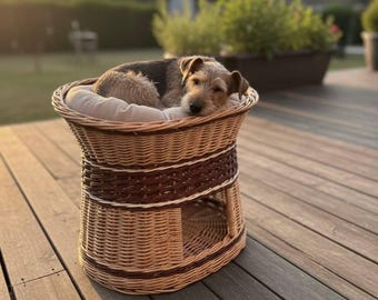 Cama de mimbre hecha a mano para mascotas - Casita 2 en 1 para gatos y perros pequeños, decoración boho para el hogar