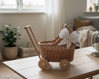 Rattan Doll Pram with Bedding – Wicker Baby Doll Stroller, Vintage Toy Carriage, Boho Nursery Decor, Toddler Girl Gift