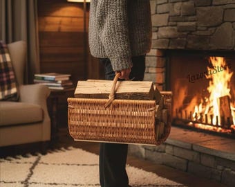 Cesta de leña de ratán con asa: soporte de leña de mimbre, almacenamiento rústico para chimenea, leña y astillas, decoración rústica.