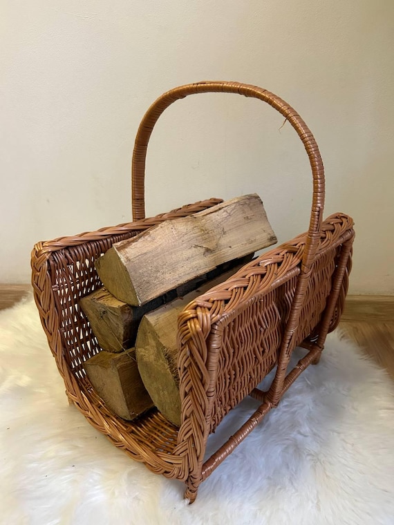 Tall Wicker Firewood Basket with Hand...