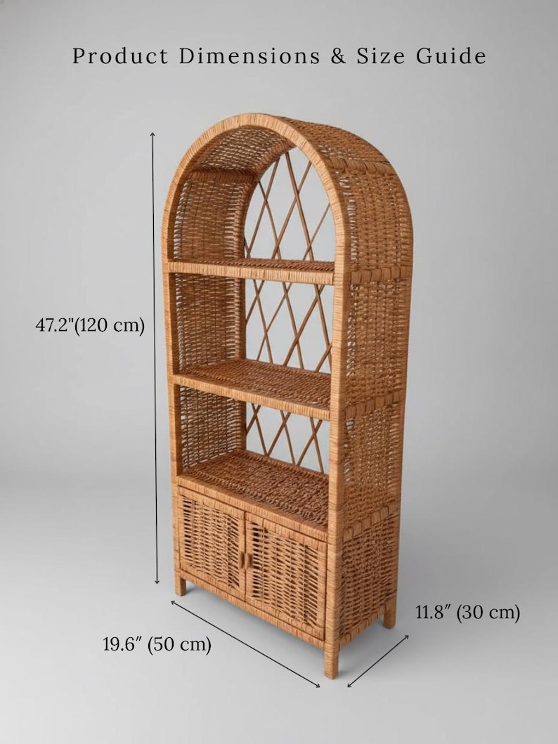 Upcycle Rattan Bookcase Arched Rattan Bookcase With Cabinet – Wicker Storage Shelf, Natural ...