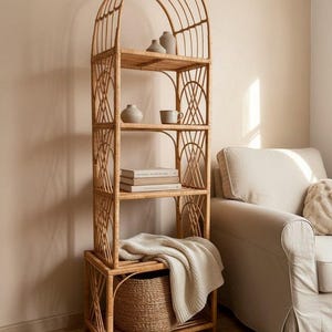 Tall Rattan Arch Shelf – Handmade Wicker 4-Tier Bookcase, Natural Boho Storage Rack, Lightweight Eco Rattan Furniture for Living Room Decor