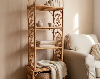 Estantería alta de ratán con arco: librería de mimbre de 4 niveles hecha a mano, estilo bohemio natural, mueble ligero de ratán ecológico para la decoración del salón.