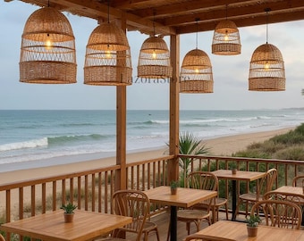 Pantalla de ratán extragrande: lámpara colgante de mimbre extragrande, iluminación de techo bohemia tejida a mano para comedor y sala de estar.