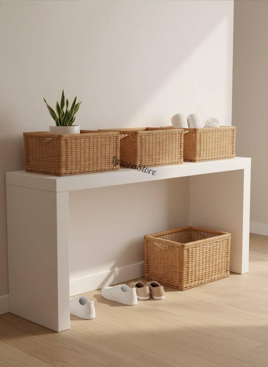 Set 2 Cestini Per Piante In Erba Marina Naturale Con Manico E Rivestimento Impermeabile