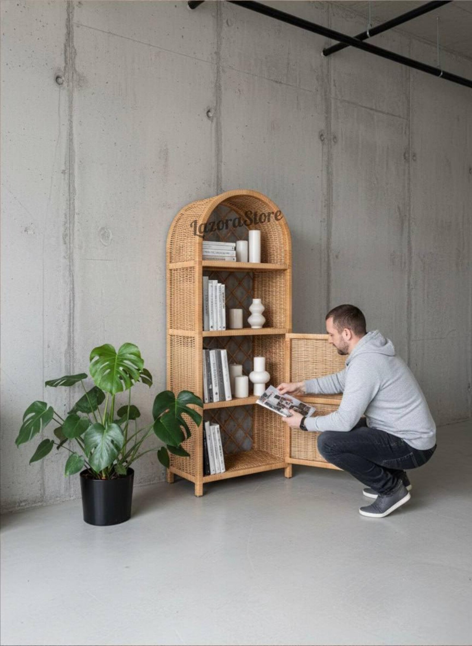 Upcycle Rattan Bookcase Luxury Arched Rattan Bookcase With Door – Handmade Wicker Storage ...