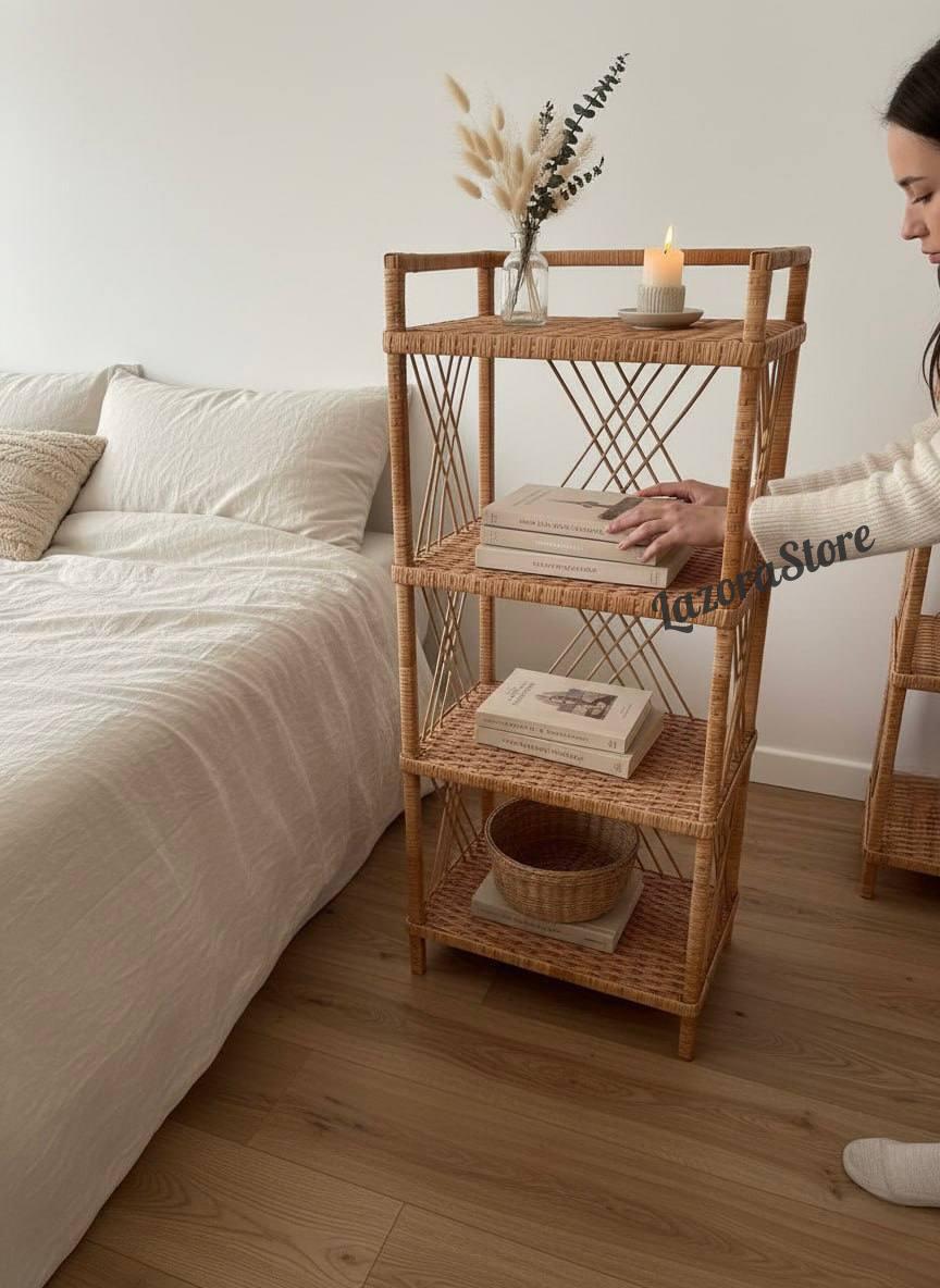 ラタンシェルフ 4段 - 籐製本棚、素朴な収納ラック＆プラントスタンド