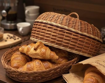 Panera de mimbre hecha a mano con tapa, almacenamiento rústico para cocina