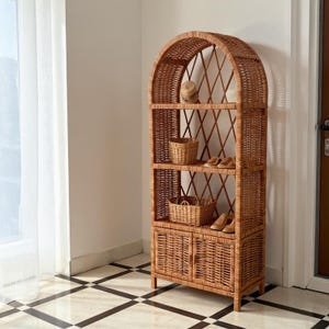 Handmade Rattan Bookshelf with Cabinet – Wicker Storage Organizer, Boho Cane Bookcase, Rustic Furniture for Living Room or Office