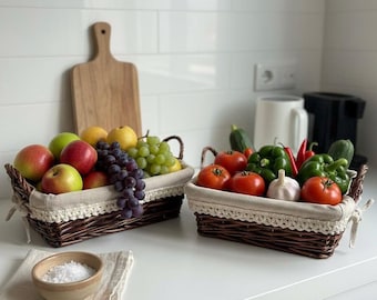 Panera de mimbre hecha a mano con forro de lino, almacenamiento rústico para cocina