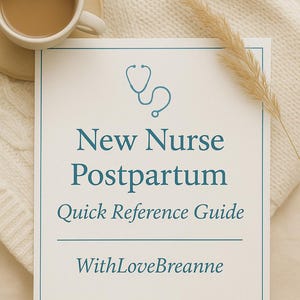 Op de afbeelding: Een witte snelle referentiegids getiteld "New Nurse Postpartum" met een stethoscoop-pictogram en de tekst "WithLoveBreanne". Een kopje koffie staat links op een schotel en een spriet gedroogd gras rechts.