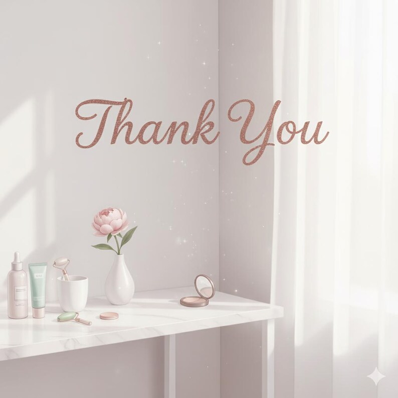 K&ouml;nnte beinhalten: Ein wei&szlig;es Regal zeigt Sch&ouml;nheitsprodukte und eine rosa Pfingstrose in einer Vase. Die Worte "Thank You" sind in glitzernder ros&eacute;goldener Schrift an der Wand geschrieben. Die Szene ist sanft beleuchtet.