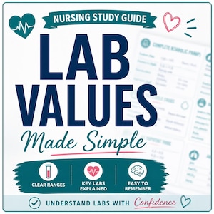 Könnte beinhalten: Ein türkisfarbenes und weißes Lernheft mit dem Titel "Nursing Study Guide" mit den Worten "LAB VALUES Made Simple" in großen, dunkelblauen Buchstaben. Der Leitfaden enthält Symbole für klare Bereiche, erklärte Schlüssellabore und leicht zu merken.