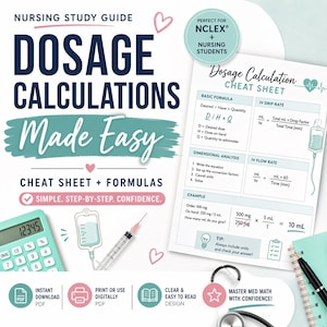 May include: A nursing study guide titled "Dosage Calculations Made Easy" with a cheat sheet and formulas. The guide includes a calculator, IV bag illustration, and syringe. The text includes "Simple. Step-by-Step. Confidence."